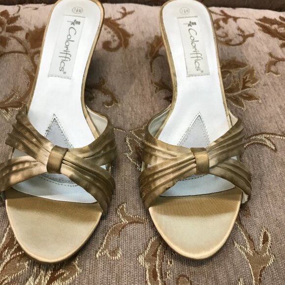 Gold-Dyed Satin Wedge Sandal, Formal Pump Wedding Shoe Comfortable - Picture 3 of 16